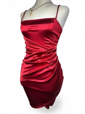 Windsor Red Satin Ruched Sheath Dress